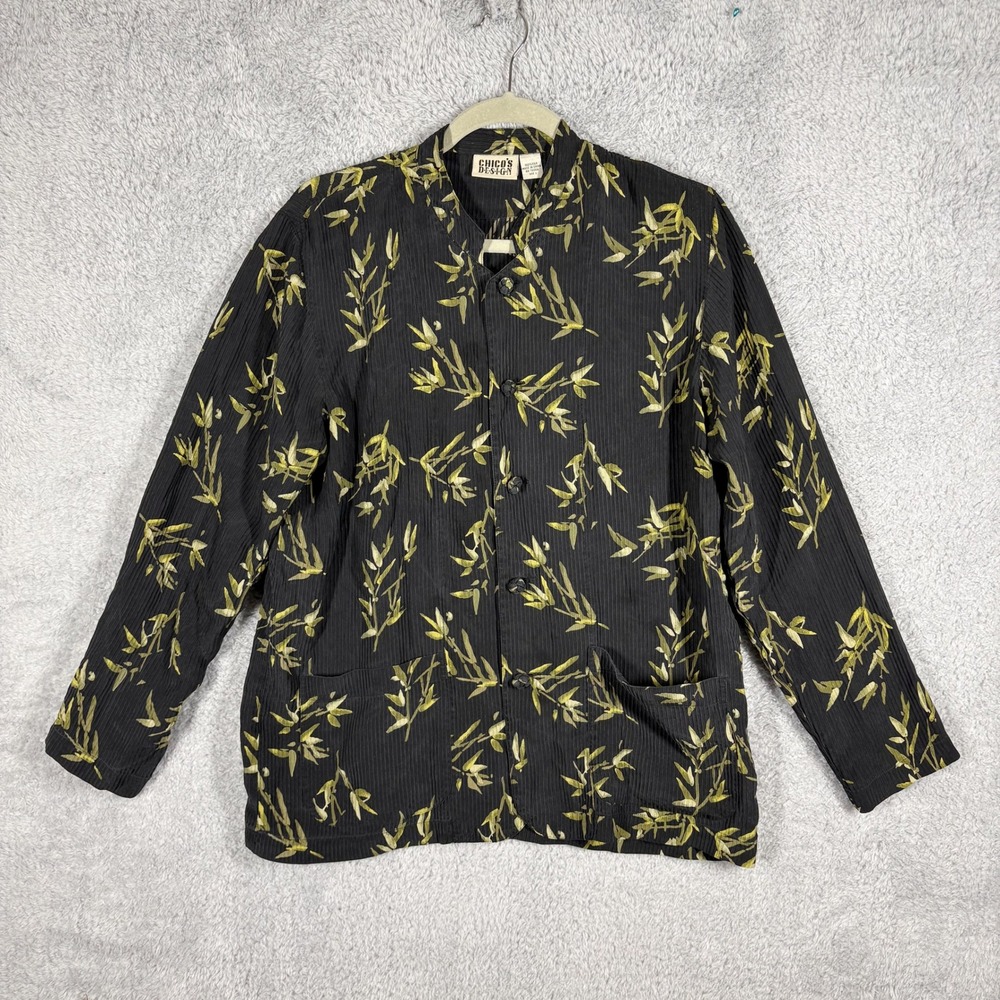 Vintage Chicos Black Silk Bamboo Print Mandarin Collar Top Size M Ribbed Texture